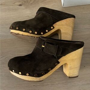 Veronica Beard Dark green Suede Mules with Wooden Heel